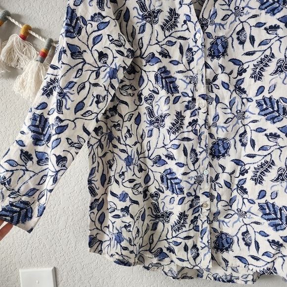 Rachel Zoe 100% Linen Button Up Paisley Floral Peasant Tunic Top Blue Lagenlook - Picture 4 of 12